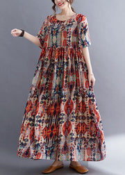 Plus Size Red O Neck Wrinkled Print Patchwork Cotton Dresses Summer