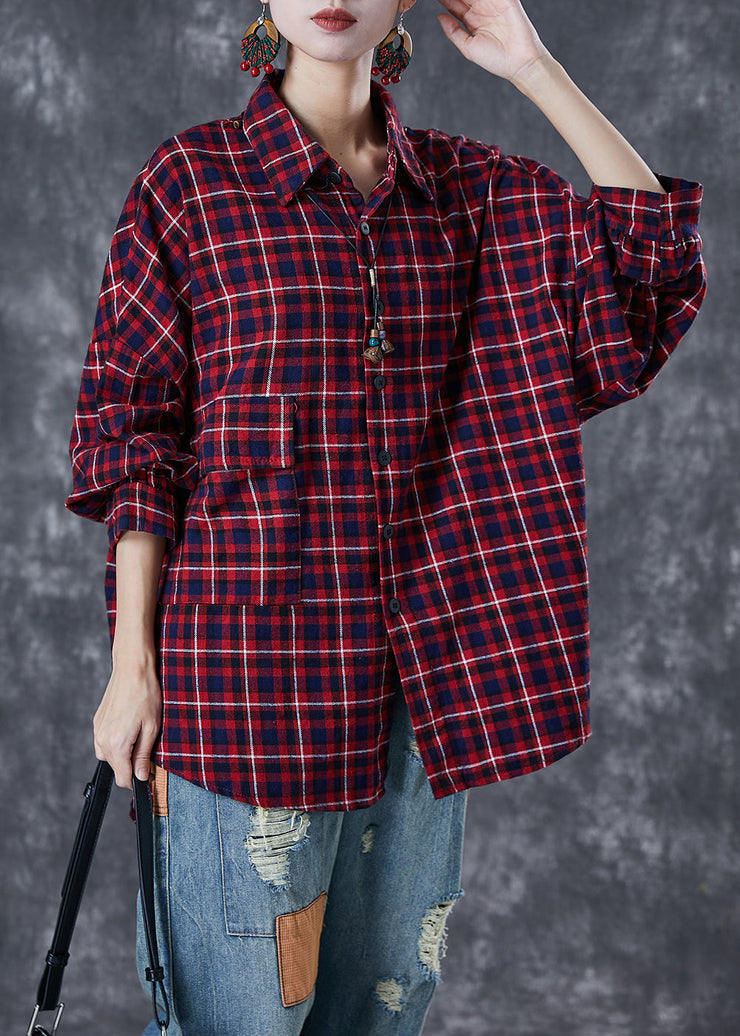 Plus Size Red Oversized Plaid Cotton Shirt Tops Fall