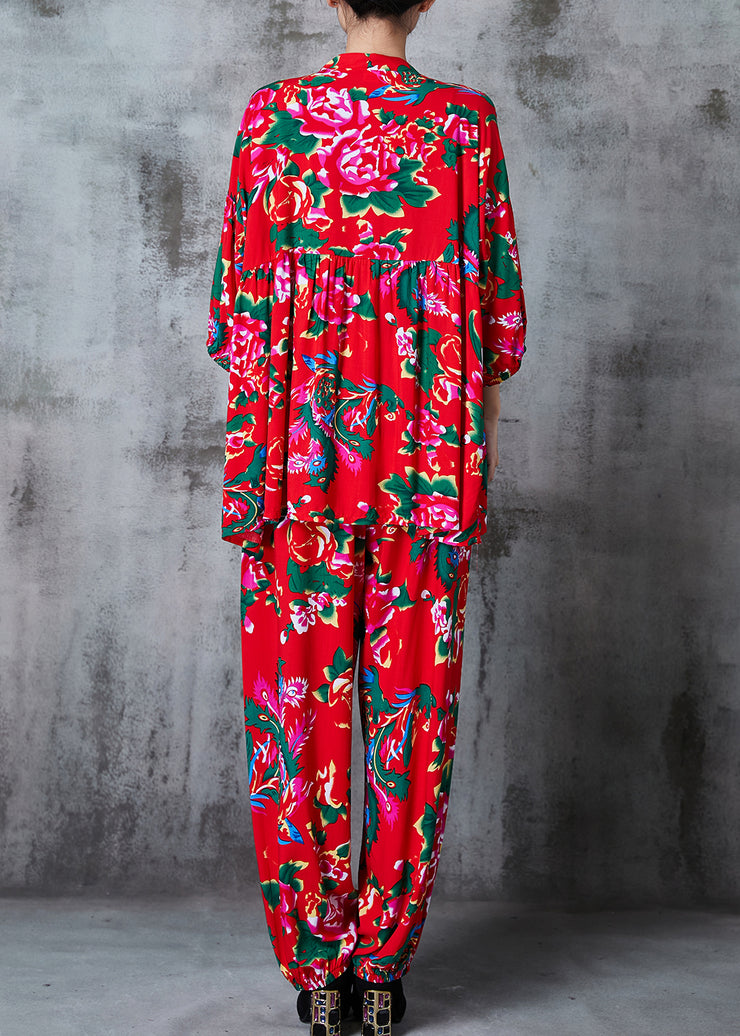Plus Size Red Oversized Print Cotton Two Piece Suit Set Summer