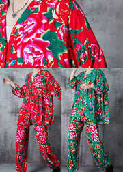 Plus Size Red Oversized Print Cotton Two Piece Suit Set Summer