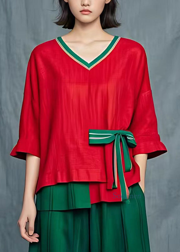 Plus Size Red Patchwork Bow T Shirt Summer