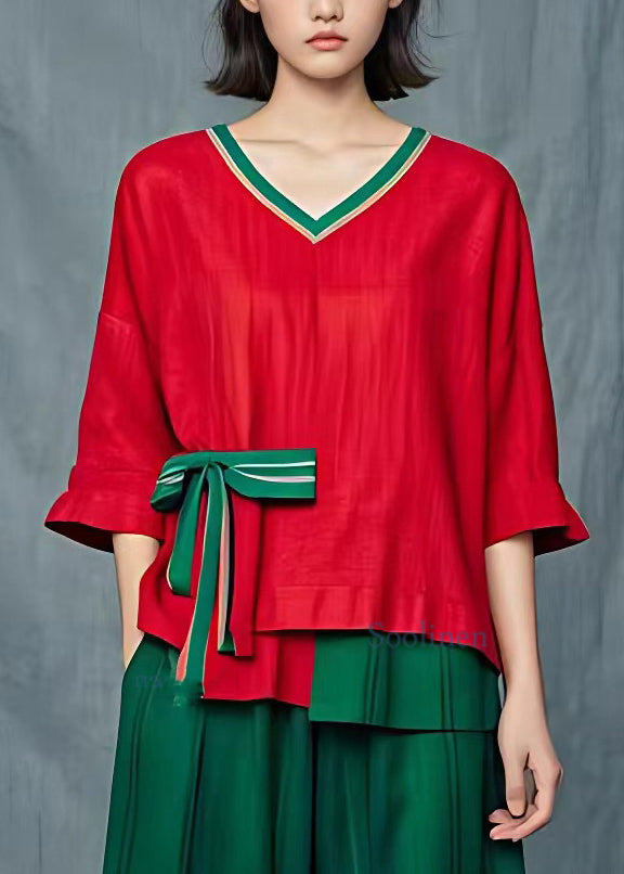 Plus Size Red Patchwork Bow T Shirt Summer