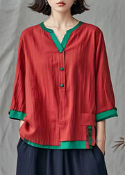 Plus Size Red Patchwork Button Topt Fall