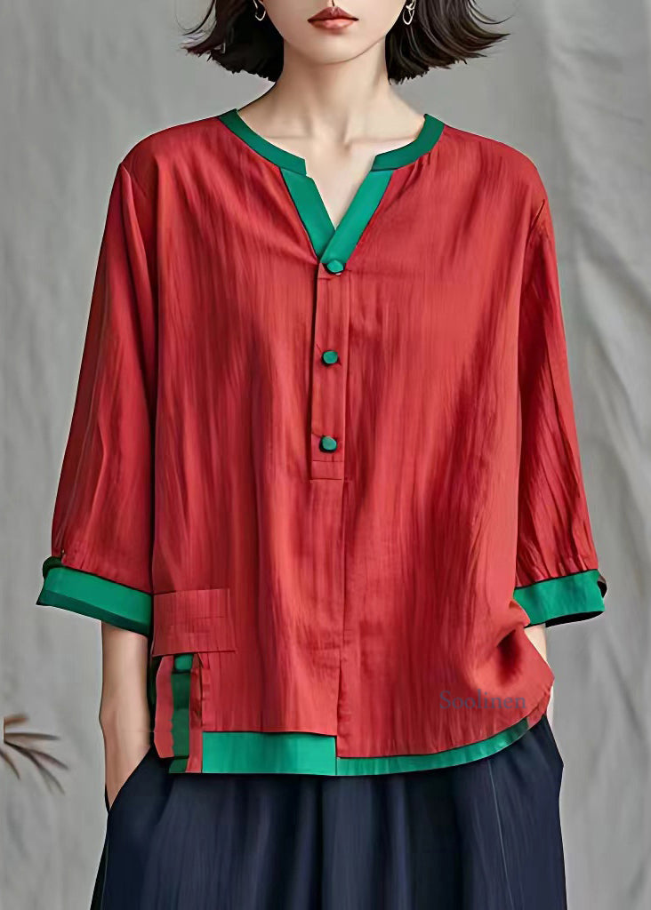 Plus Size Red Patchwork Button Topt Fall