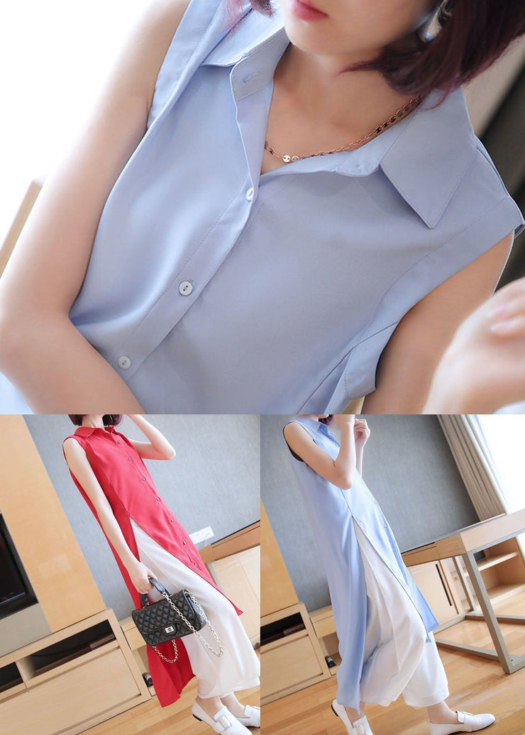 Plus Size Red Peter Pan Collar Side Open Chiffon Long Shirts Sleeveless