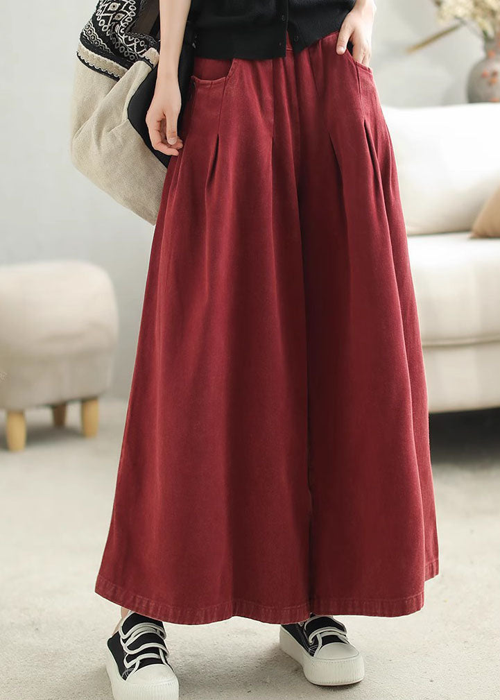 Plus Size Red Pockets Elastic Waist Cotton Wide Leg Pants Spring