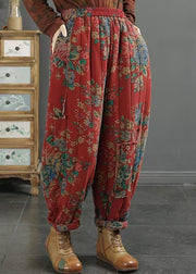 Plus Size Red Pockets Print Elastic Waist Fine Cotton Filled Pants Winter