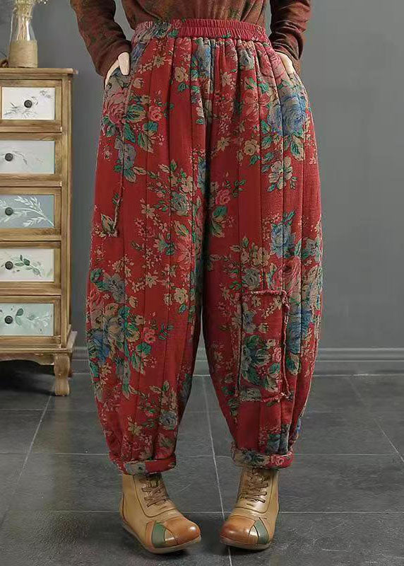 Plus Size Red Pockets Print Elastic Waist Fine Cotton Filled Pants Winter