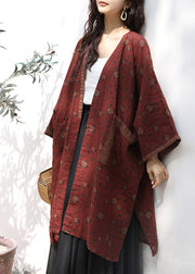 Plus Size Red Pockets Print Patchwork Linen Cardigans Fall