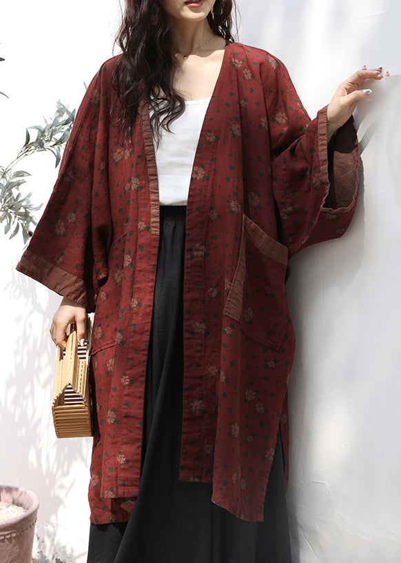 Plus Size Red Pockets Print Patchwork Linen Cardigans Fall