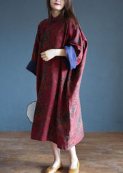 Plus Size Red Print Chinese Style Cotton Long Dress Spring