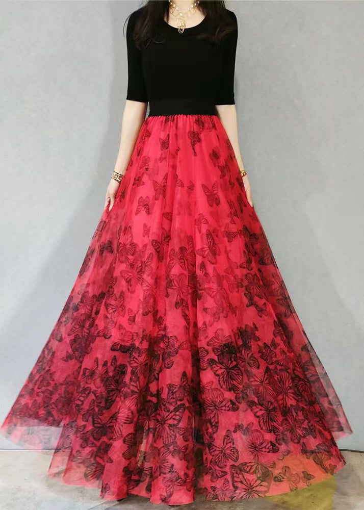 Plus Size Red Print High Waist Exra Large Hem Tulle Skirts Spring