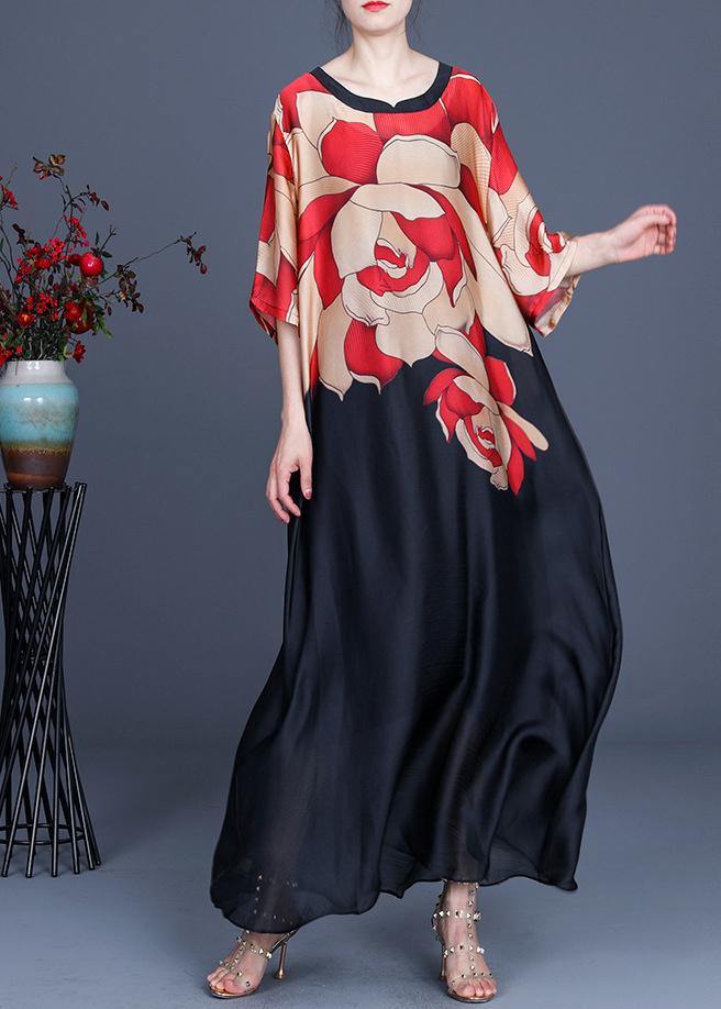 Plus Size Red Print O-Neck Silk Summer Two Pieces Set Dress - SooLinen