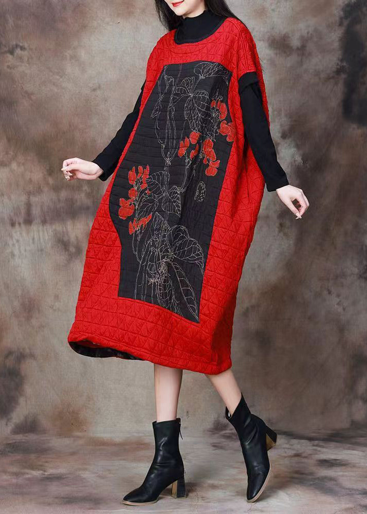 Plus Size Red Print Patchwork Cotton Filled Dresses Long Sleeve