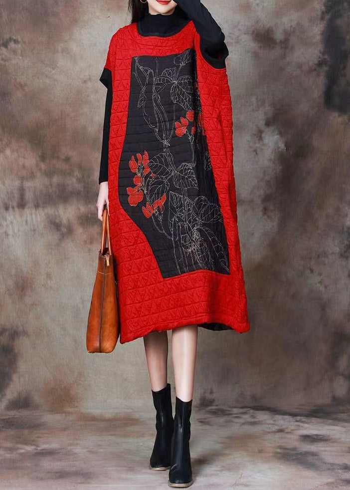 Plus Size Red Print Patchwork Cotton Filled Dresses Long Sleeve