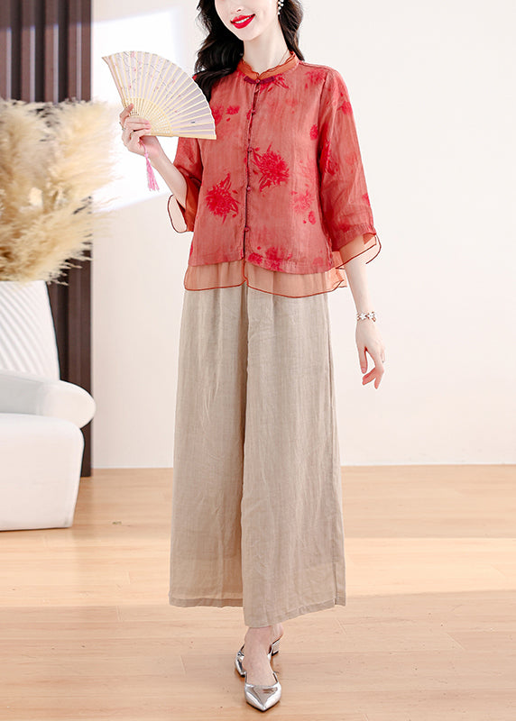 Plus Size Red Print Tops And Pants Linen Two Pieces Set Summer