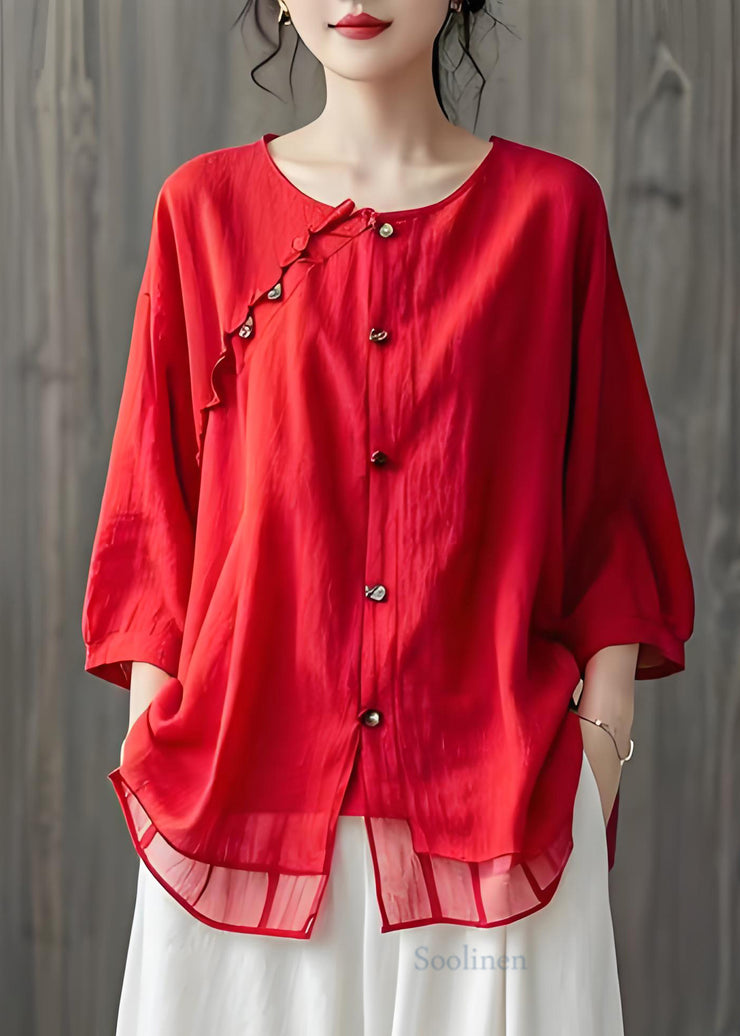 Plus Size Red Ruffled Button Patchwork Cotton Shirt Top Summer