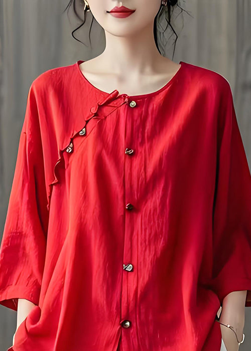 Plus Size Red Ruffled Button Patchwork Cotton Shirt Top Summer