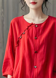 Plus Size Red Ruffled Button Patchwork Cotton Shirt Top Summer