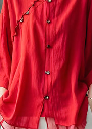 Plus Size Red Ruffled Button Patchwork Cotton Shirt Top Summer