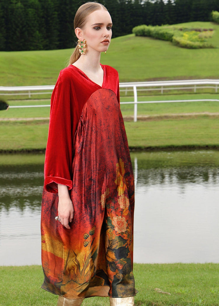 Plus Size Red Silk Velour Patchwor Print Long Dresses Long Sleeve