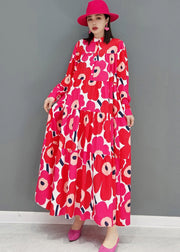 Plus Size Red Stand Collar Print Patchwork Wrinkled Cotton Long Dress Long Sleeve