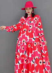 Plus Size Red Stand Collar Print Patchwork Wrinkled Cotton Long Dress Long Sleeve