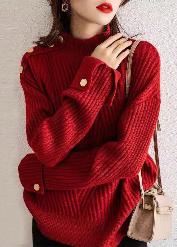 Plus Size Red Stand Collar Thick Patchwork Knit Pullover Fall