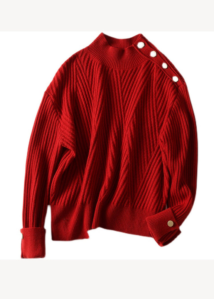 Plus Size Red Stand Collar Thick Patchwork Knit Pullover Fall