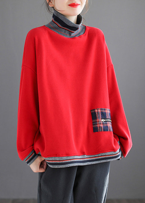 Plus Size Red Striped Patchwork Warm Fleece Tops Fall