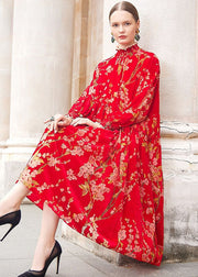 Plus Size Red Turtleneck Print Ruffled Silk Velour Vacation Maxi Dresses Fall