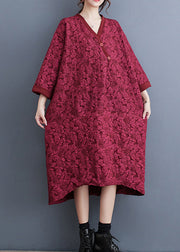 Plus Size Red V Neck Jacquard Patchwork Cotton Dress Fall