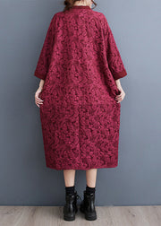 Plus Size Red V Neck Jacquard Patchwork Cotton Dress Fall