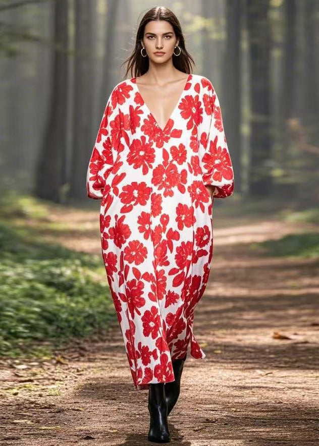 Plus Size Red V Neck Print Pockets Silk Long Dresses Spring