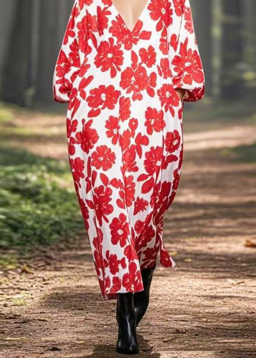 Plus Size Red V Neck Print Pockets Silk Long Dresses Spring