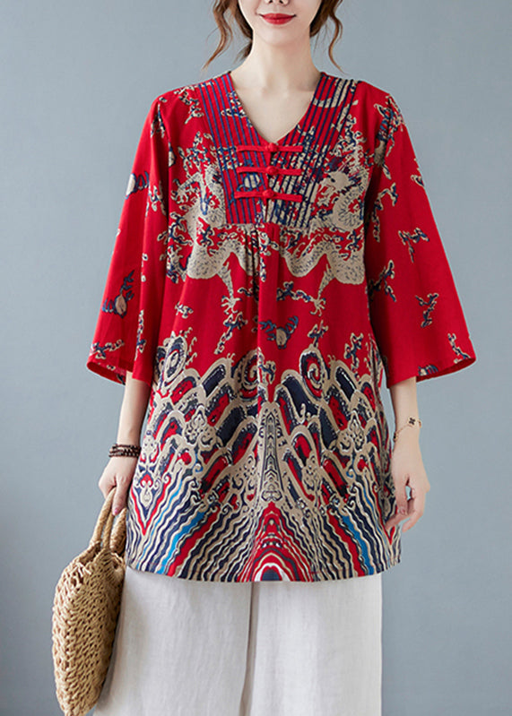 Plus Size Red V Neck Print Top Spring