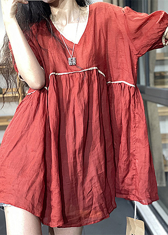 Plus Size Red Wrinkled Patchwork Mid Dress Summer