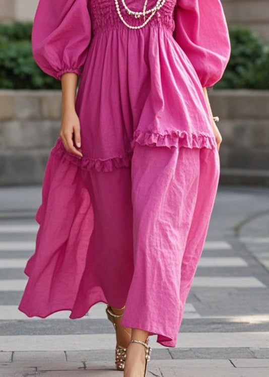 Plus Size Rose Ruffled Wrinkled Cotton Party Dress Fall