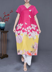 Plus Size Rose V Neck Patchwork Print Silk Beach Dress Summer