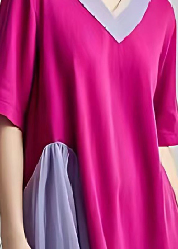 Plus Size Rose V Neck Patchwork Tulle Cotton Mid Dress Summer
