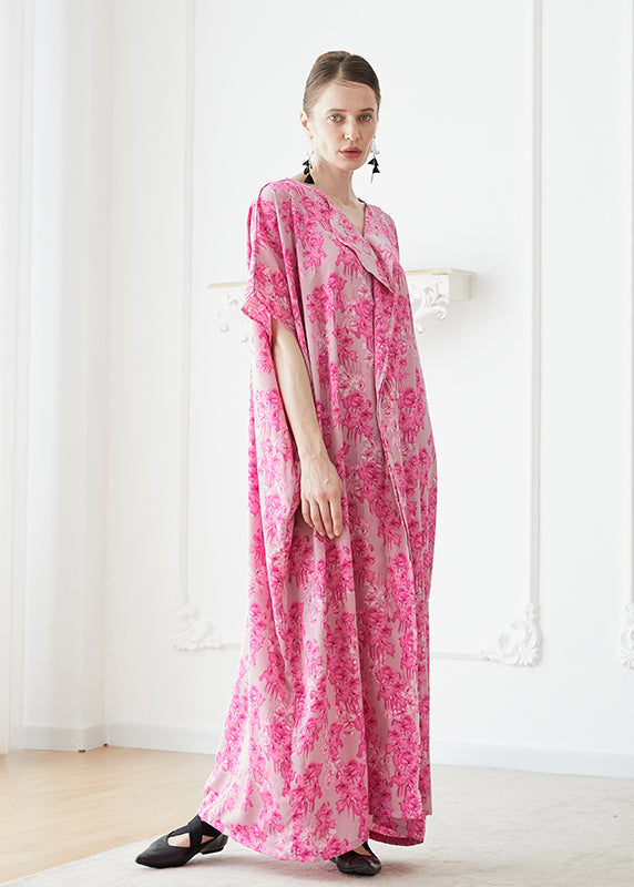 Plus Size Rose V Neck Print Chiffon Robe Dresses Summer