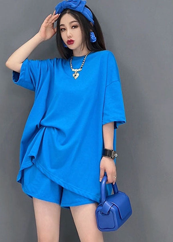 Plus Size Solid Blue O-Neck Backless Cotton Tanks And Shorts Two-Piece Set Summer