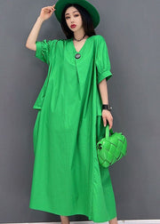 Plus Size Solid Green V Neck Big Pockets Cotton Maxi Dress Short Sleeve