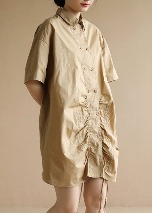 Plus Size Solid Khaki Peter Pan Collar Drawstring Double Breast Cotton Dresses Short Sleeve