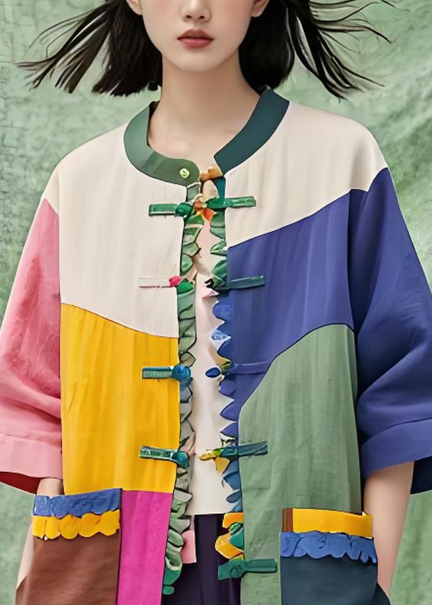 Plus Size Stand Collar Pockets Chinese Button Cotton Shirts Coat Summer