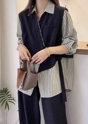 Plus Size Striped Asymmetrical Button Cotton Shirt Long Sleeve