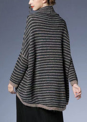 Plus Size Striped Low High Design Cotton Knit Sweaters Batwing Sleeve