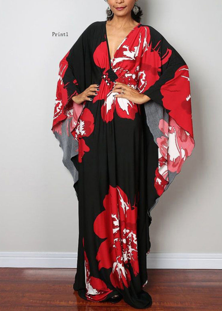 Plus Size V Neck Print Cotton Long Robe Dress Summer