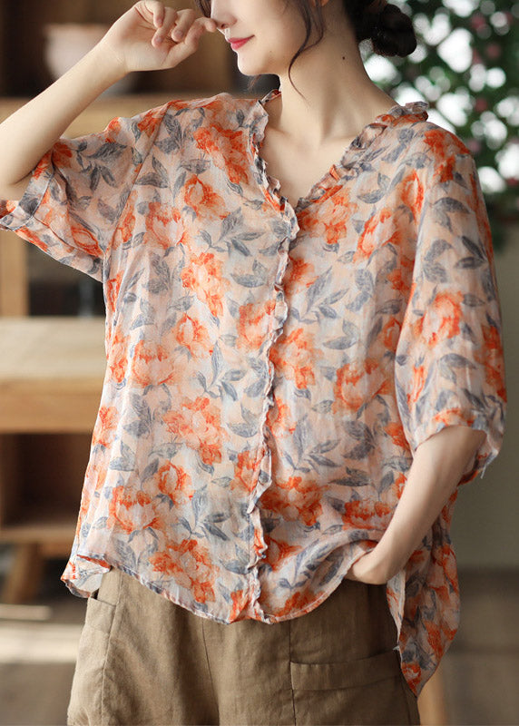 Plus Size V Neck Print Ruffled Linen Tops Half Sleeve