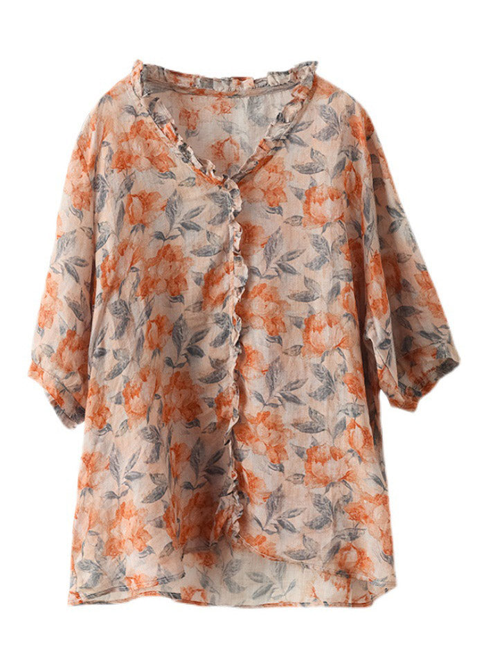 Plus Size V Neck Print Ruffled Linen Tops Half Sleeve